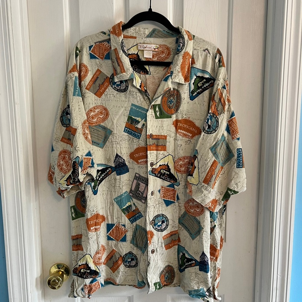 Bohio Vintage 100% Silk Travel Passport Stamp‎ Hawaiian Camp Shirt Men's 2XL